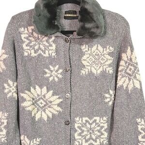 Sigrid Olsen Sweater Cardigan‎ Womens PM Blue Grey Snowflake Handknit Vintage